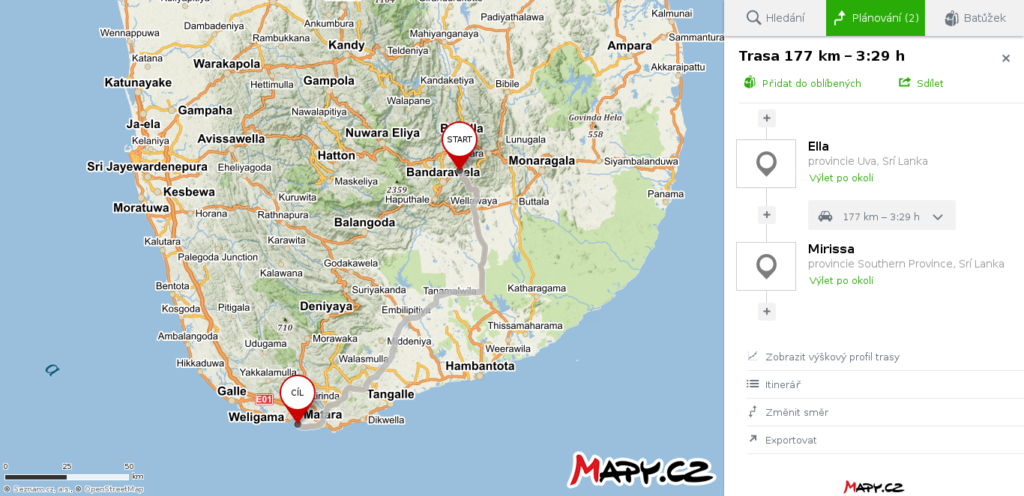 Mapa Ella - Mirissa, cestopis Srí Lanka